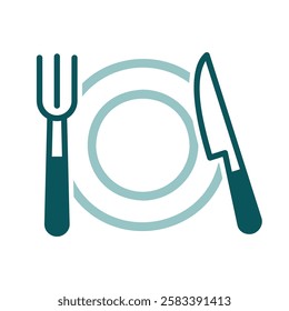 Plate, fork and knife isolated icon. Vector illustration, romance elements. Sticker, patch, badge, card for marriage, valentine