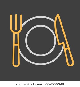 Plate, fork and knife isolated on dark background icon. Vector illustration, romance elements. Sticker, patch, badge, card for marriage, valentine