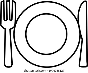 plate, fork and knife line icon on white background. dinner dishes sign. cutlery symbol.