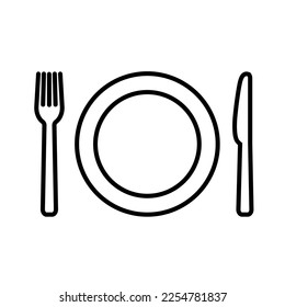 Plate, fork and knife line icon in flat style. Food symbol isolated on white background Bar, cafe, hotel concept Simple eating icon in black Vector illustration for graphic design, Web, UI, mobile app
