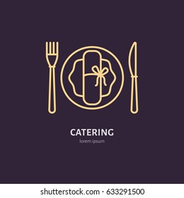 Plate with fork and knife line icon. Vector logo for catering service. Linear illustration for cafe or restaurant menu.