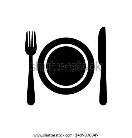 Plate, fork and knife line icon concept. Flat vector illustration in black on white background. EPS 10