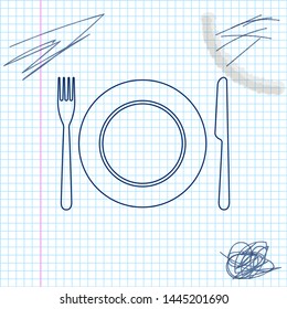 Plate, fork and knife line sketch icon isolated on white background. Cutlery symbol. Restaurant sign. Vector Illustration