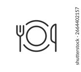 Plate with fork and knife, linear icon. Meal setting or food serving. Line with editable stroke.