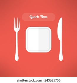 Plate, fork and knife made in moder flat design. Lunch time concept. Vector illustration