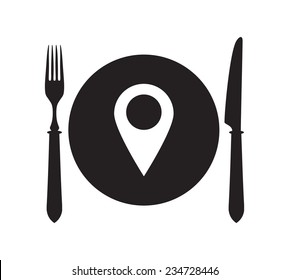 Plate, fork and knife with map pin icon. Map mark symbol.