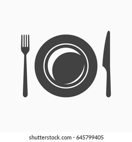 Plate with fork and knife monochrome icon. Vector illustration.