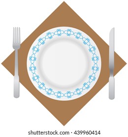 Plate, fork and knife on a brown background. Tableware set.