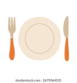 A plate with a fork and knife on it. The plate is white and the fork and knife are orange