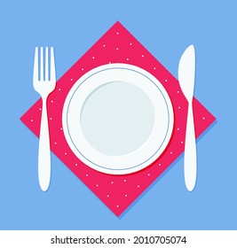 A plate, with a fork and a knife on a napkin. Vector illustration in flat style EPS 10