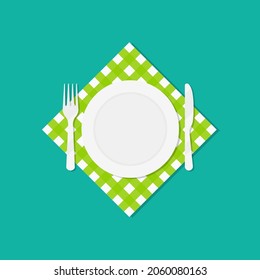 Plate, tenedor y cuchillo sobre mantel. Cuchillería sobre manteles de cuadros verdes. Icono de comida y cena. Ilustración del desayuno, la cena, el almuerzo en el restaurante. Vajilla elegante de estilo plano. Vector.