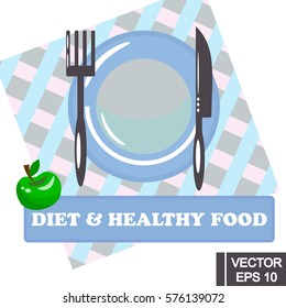 Plate with fork and knife on tablecloth. Diet and healthy food concept. Vector illustration for your design.