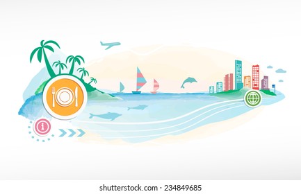 Plate, fork and knife on travel background. Seaside view poster. 