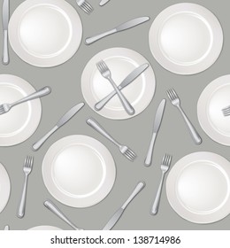 Plate, fork and knife pattern. Restaurant seamless background. Banquet Vector illustration.