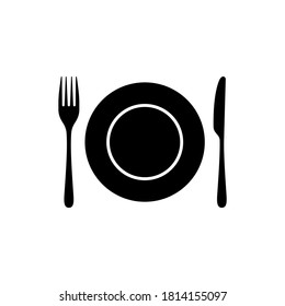 Plate with fork and knife. Restaurant menu icon. Vector on isolated white background. EPS 10