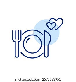 Plate, fork and knife. Restaurant romantic date night. Two hearts intertwined, love and wedding anniversary. Pixel perfect, editable stroke icon