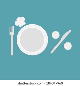 Plate, fork, knife, salt and pepper shaker  and chefs hat. 10 percent. Flat design style.  Vector illustration. 
