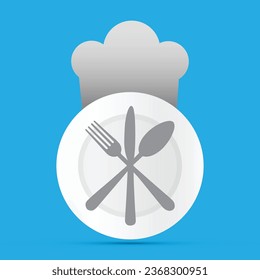 Plate con tenedor, cuchillo y cuchara un sombrero de chef de fondo azul