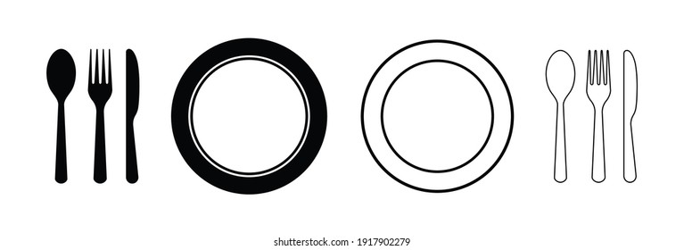 Platten, Gabel, Messer, Löffel. Farbsymbole zum Abendessen. Set mit Silberbesteck zum Mittagessen, Frühstück. Essen und essen Symbol. Utensil für Küche, Esszimmer zu Hause. Logo von Bankett, Cafeteria, Gastronomie. Vektorgrafik.