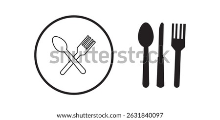 Plate, fork, knife, spoon. Cutlery icons for dinner. Set of silverware for lunch, breakfast. Food and eat symbol. Utensil for kitchen, dining at home. Logo of banquet, cafeteria, gastronomy. Vector.