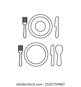 Placa, tenedor, cuchillo y cuchara icono. Placa y cubertería icono sobre fondo blanco. Ilustración para uso personal y Uso comercial. Icono de moda de aspecto limpio. Símbolo de elemento de icono de comida