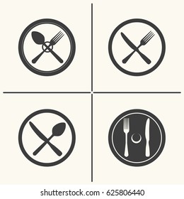 Plate, fork, knife and spoon icons. Vector cutlery flat icon set
