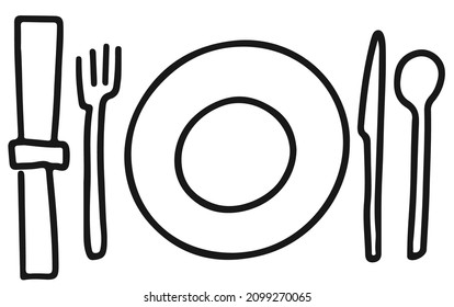 Plate Fork Knife Spoon and Napkin Doodle Vector Hand Drawn Illustration Black Line