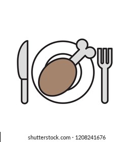 Plate, fork and knife with turkey or chicken leg icon. Food symbol. Cartoon design icon. Colorful flat vector illustration. Isolated on white background.