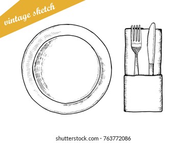 Plate Fork And Knife Vector Cutlery. Sketch Isolated