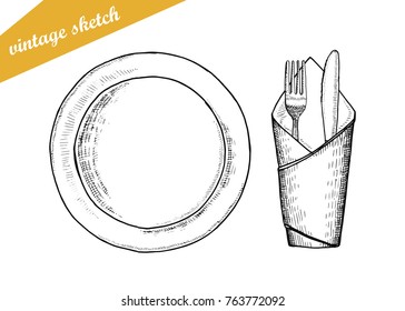 plate fork and knife vector cutlery. sketch