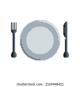 Plate, Fork And Knife Vector Icon. Pixel Art. 8 Bit Logo For Game. Eps10