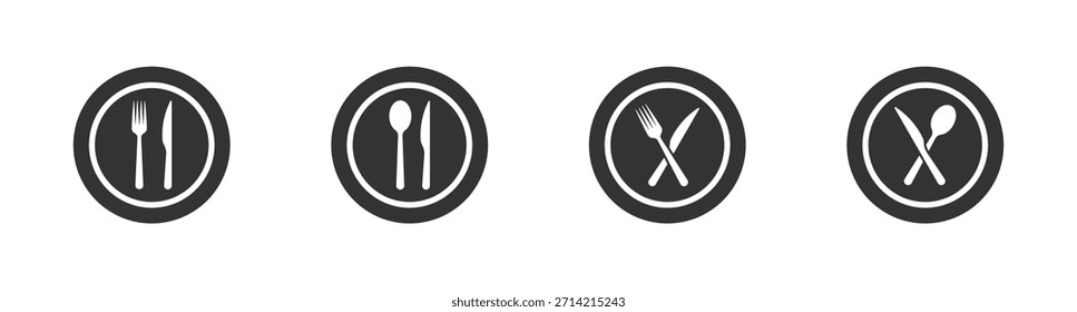 Conjunto de iconos de vector de placa, tenedor y cuchillo
