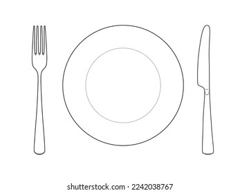 Plate, fork and knife. Vector illustration isolated on a white background