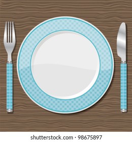 Plate with fork and knife. Vector illustration.