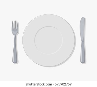 Plate, fork and knife vector object on a white background. White kitchen appliances utensils for cooking, cutlery Flat in style artwork for your projects in the field of nutrition.