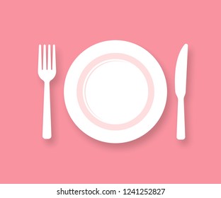 Plate fork and knife vector silhouette. Plate with cutlery. Kitchen icon of dish, fork and knife.