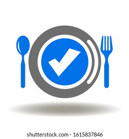 Plate fork spoon check mark icon vector. Food cafe logo. Menu Dish Illustration.