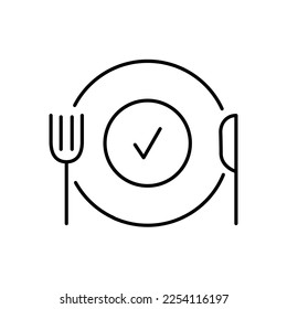 Plate fork spoon check mark icon vector. Food cafe logo. Menu Dish Illustration.