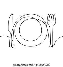 Plate, fork and spoon continuous line sketch