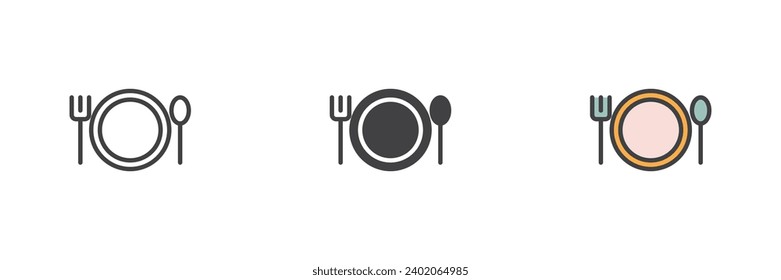 Plattengabel und Löffel verschiedene Stil Icon Set. Linie, Glyph und gefüllte Umrissversion, Umriss und ausgefülltes Vektorzeichen. Restaurantsymbol, Logo-Abbildung. Vektorgrafik