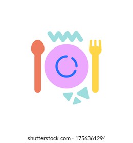 Plate mit Gabel und Löffel flach Symbol, Vektorsymbol, buntes Piktogramm einzeln auf Weiß. Symbol, Logo-Abbildung. Flaches Design