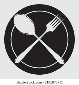 Plate with fork and spoon, high quality image and vector. Spoon and fork place as cross