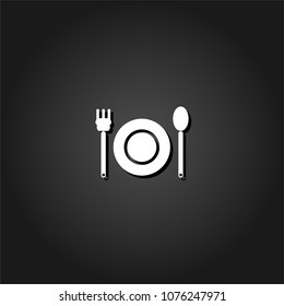 Plate with fork and spoon icon flat. Simple White pictogram on black background with shadow. Vector illustration symbol