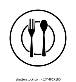 Icono de placa, tenedor y cuchara en estilo plano. Símbolo de la comida aislado de fondo blanco. Bar, cafetería, concepto de hotel