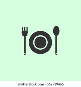 Plate with fork and spoon icon flat. Grey vector symbol on green background