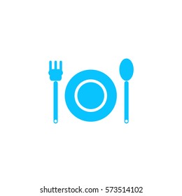 Plate with fork and spoon icon flat. Blue pictogram on white background. Vector illustration symbol