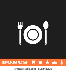 Plate with fork and spoon icon flat. White pictogram on black background. Vector illustration symbol and bonus button tooth, vase, star, mirror, bottle