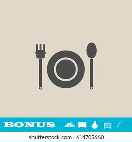 Plate with fork and spoon icon flat. Grey pictogram on light background. Vector illustration symbol and bonus button real estate, ottoman, vase, tv, fishing rod