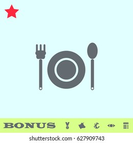 Plate with fork and spoon icon flat. Grey pictogram on blue background. Vector illustration symbol and bonus buttons medal, cow, earth, eye, calculator