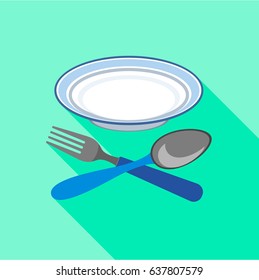 Plate with fork and spoon icon. Flat illustration of plate with fork and spoon vector icon for web